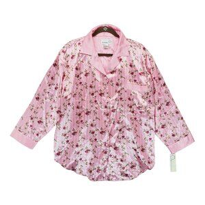 It's About‎ Time Pajama Shirt Women's Large Floral Long Sleeves Satin Sleepwear